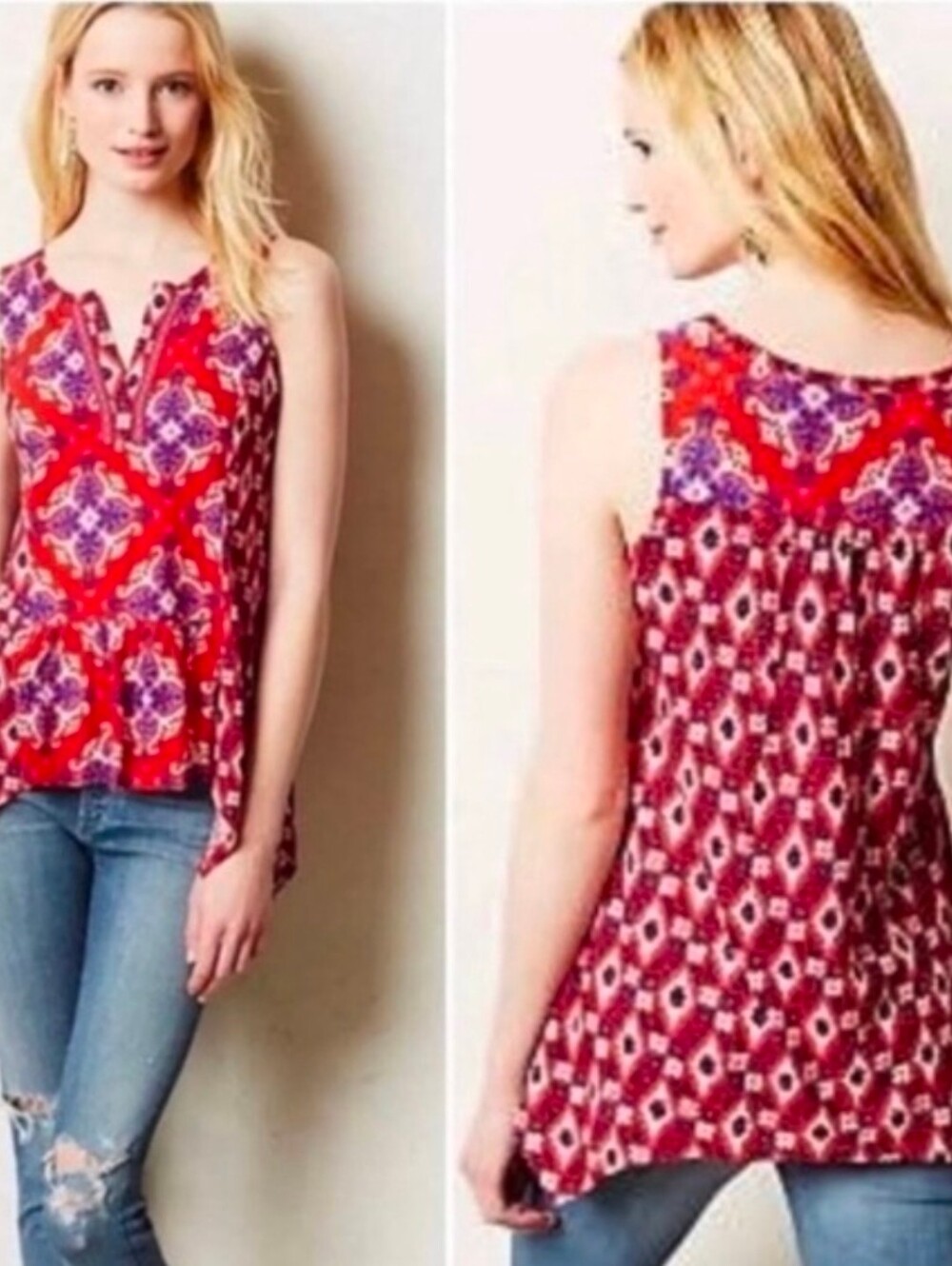 Anthropologie Red and Purple Geo-Print Sleeveless Split-Neck Tank
